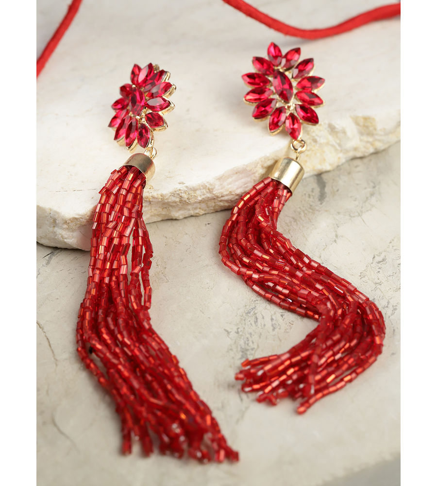 YouBella Red Gold-Plated Tasselled Contemporary Drop Earrings